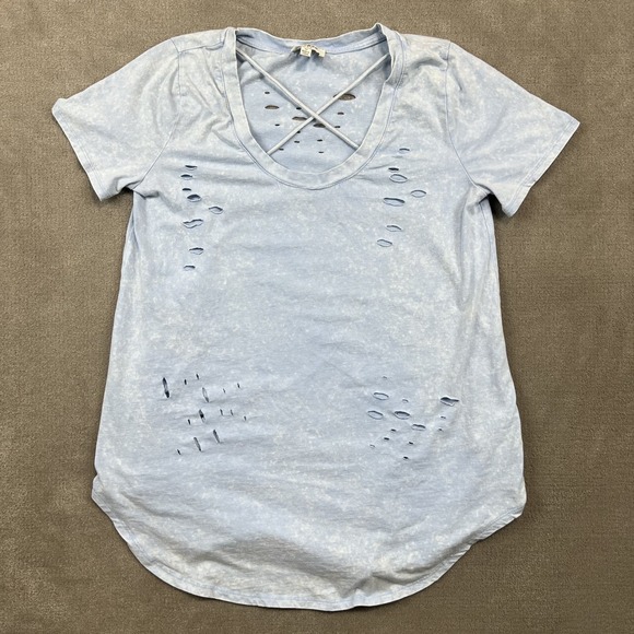 Umgee Size M Womens Blue Acid Wash Distressed Lattice Neck Short Sleeve Top — photo 2